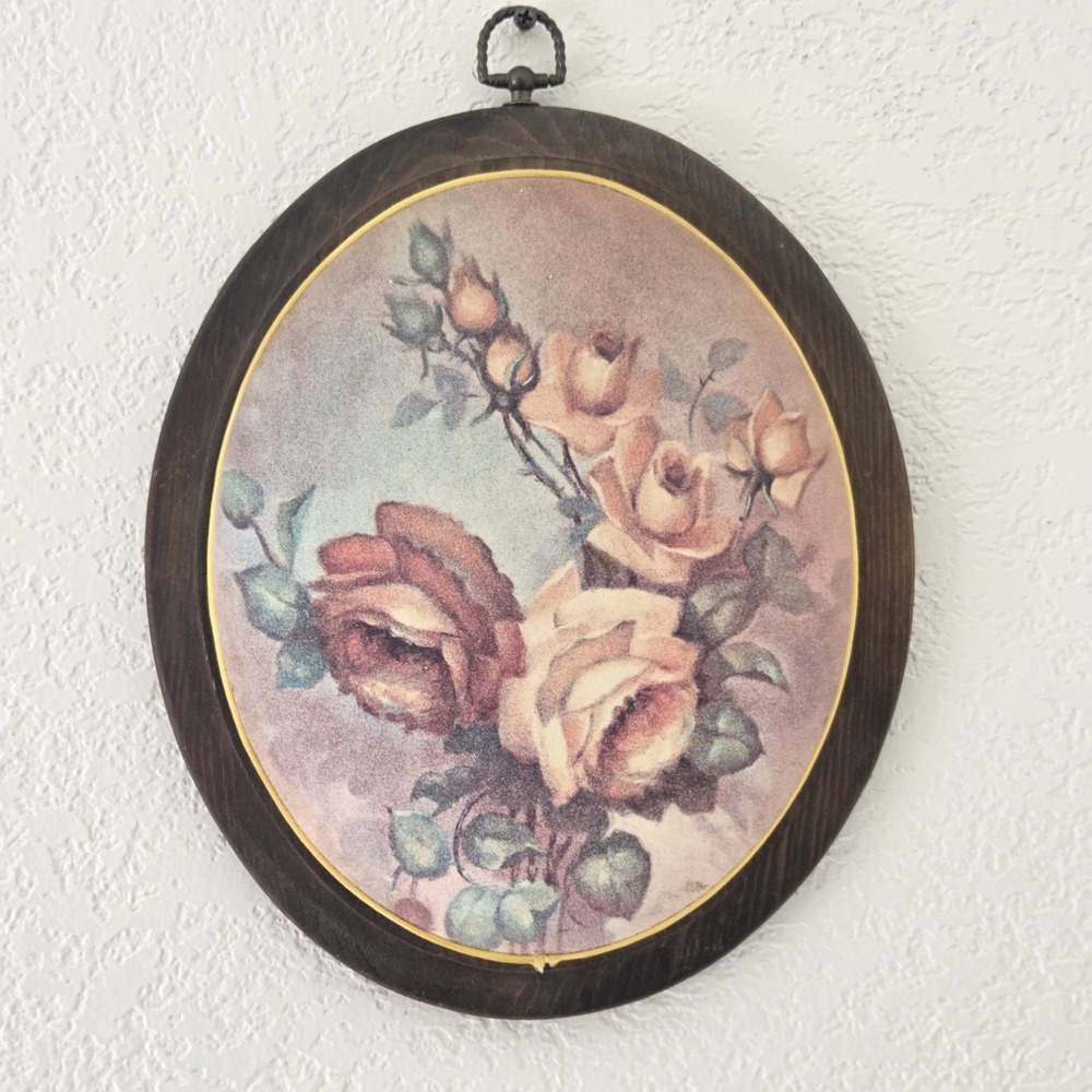 Vintage Floral Oval Framed Wall Art With Roses Cottagecore Grandmillennial